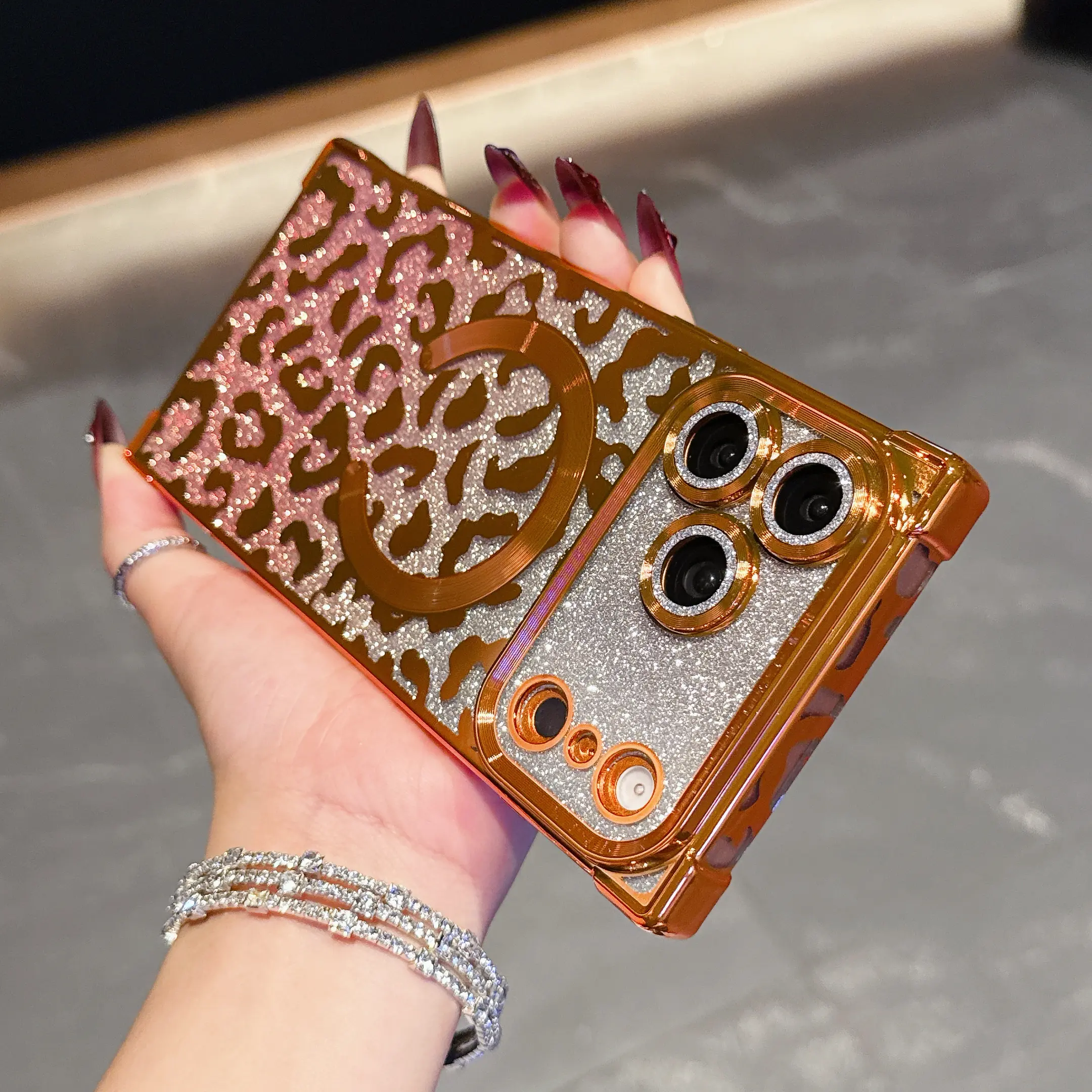 Magnetic Case for iPhone 17 Pro Max 16 15 14, Rectangle Design Leopard Glitter Design with Built-in Camera Lens Protector,Compatible with MagSafe,  4 Corners Shockproof Protective Cover