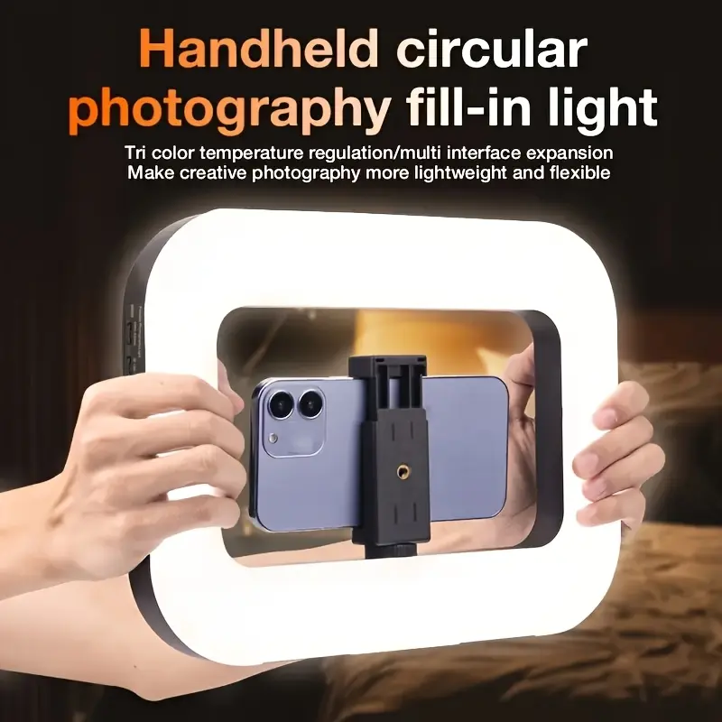 1pc circular light smartphone video device with phone holder and built-in 3600mAh rechargeable battery, used for selfie light, makeup, video recording, movie production, live video recording