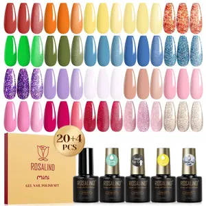 ROSALIND 24pcs Clear Bright Shiny Gel Nail Polish Set-20Colors Cutics Glitter Nail Gel with 4pcs Base Glossy/Matt Effect Top Coat Use Lamp to Dry,Cosmetic Manicure Set for Nail Art DIY/Salon