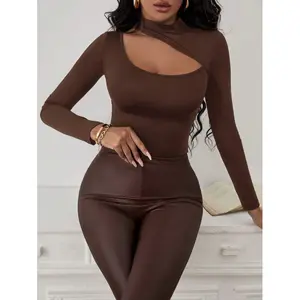 Bellido  Spring And Summer Asymmetric Collar Black Hollow Tight Sexy Long-Sleeved T-Shirt