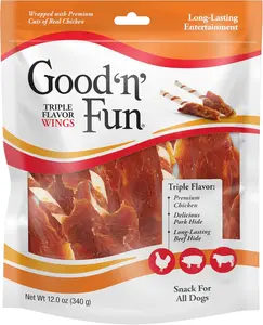 Good ‘n’ Fun Triple Flavor Wings Chews for All Dogs, 12 Ounces, Treat Your Dog to Long-Lasting Chews Made With Chicken, Pork Hide and Beef Hide