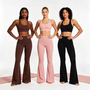 3 Neutral Colors Flare Yoga Pants Set for Women, High Support Sports Bra & High Waist Flared Leggings, Ultra Soft Non-See-Through Stretchy Activewear Tracksuit for Fitness, Workout, Lounge and Everyday Wear
