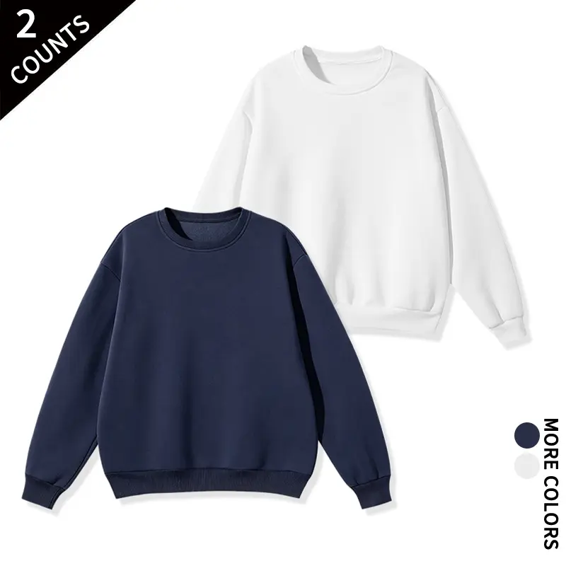2-Pack Men’s Crew Neck Sweatshirts, Solid Plain Fleece Pullovers, Loose Fit, Drop Shoulders, Long Sleeves — Ideal for Daily Jogging, School, and Casual Wear; Basic Sweatshirts