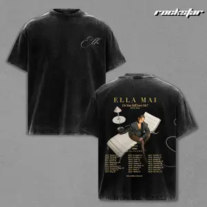 Ella Mai Graphic Tee Men Vintage Washed T-Shirt, Do You Still Love Me? 2026 Tour Portrait Design, Oversized Black Heavyweight Streetwear Shirt for Men Music Fans