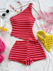 Two-Piece Dopamine Color Block Asymmetrical Shoulder Set, Slim Fit Short Top + High-Waisted Shorts, Casual Striped Suit for All Seasons