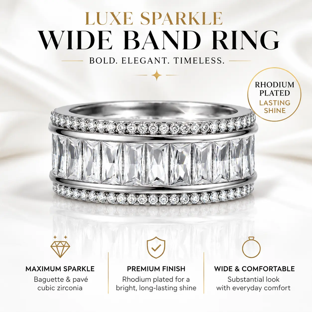 Silver Tone Wide Band Ring Baguette Pavé Cubic Zirconia Rhodium Plated Sparkling Comfort Fit US Sizes 6-10 Bold Elegant Timeless Statement Daily Wear Special Occasion Perfect Gift Women Girls Fashion Jewelry Accessory