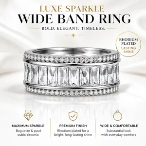 Silver Tone Wide Band Ring Baguette Pavé Cubic Zirconia Rhodium Plated Sparkling Comfort Fit US Sizes 6-10 Bold Elegant Timeless Statement Daily Wear Special Occasion Perfect Gift Women Girls Fashion Jewelry Accessory