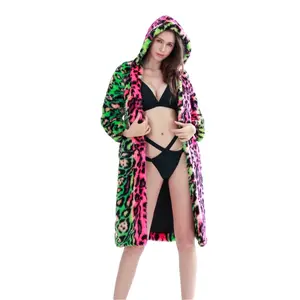 Women's Long Faux Fur Coat - Camouflage Leopard Pattern, Hooded Long-Sleeve Fuzzy Jacket, Warm Outerwear for Autumn Winter earthy witchy clothes, Polyester Fabric, Loose-fitting Style Fashion Womenswear Elegant Fitted Tops