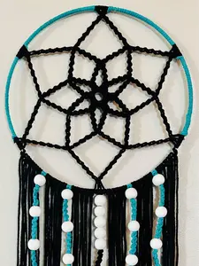 Black and teal with white beads macrame dream catcher