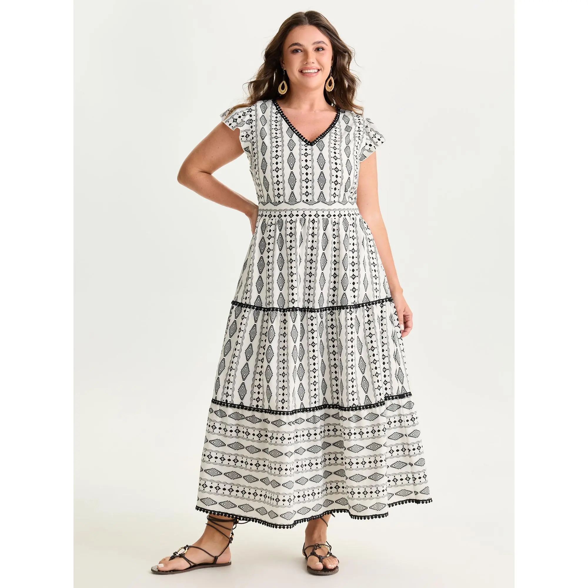 BloomChic Women's Plus Size Boho Polyester Casual Maxi Dress - V-Neck, Ethnic Floral Print, Tiered Skirt, Ruffle Cap Sleeves, Side Pockets, Spandex Blend, Pull-On, Summer Style