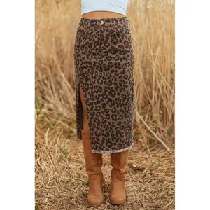 Brown Leopard Denim Frayed Split Denim Midi Skirt