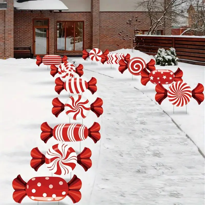 12-Pack Christmas Candy Lawn Yard Signs, Waterproof Corrugated Cardboard, Festive Garden Decorations, No Power Needed, Home Holiday Decor