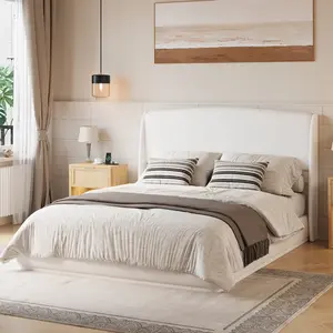 Upholstered Queen Bed Frame with Wingback Headboard, Low Profile Platform Bed with Padded Headboard, No Box Spring Needed, Easy Assembly, Elegant Linen Fabric, 1000LBS Weight Capacity,The package will be shipped in two separate parcels