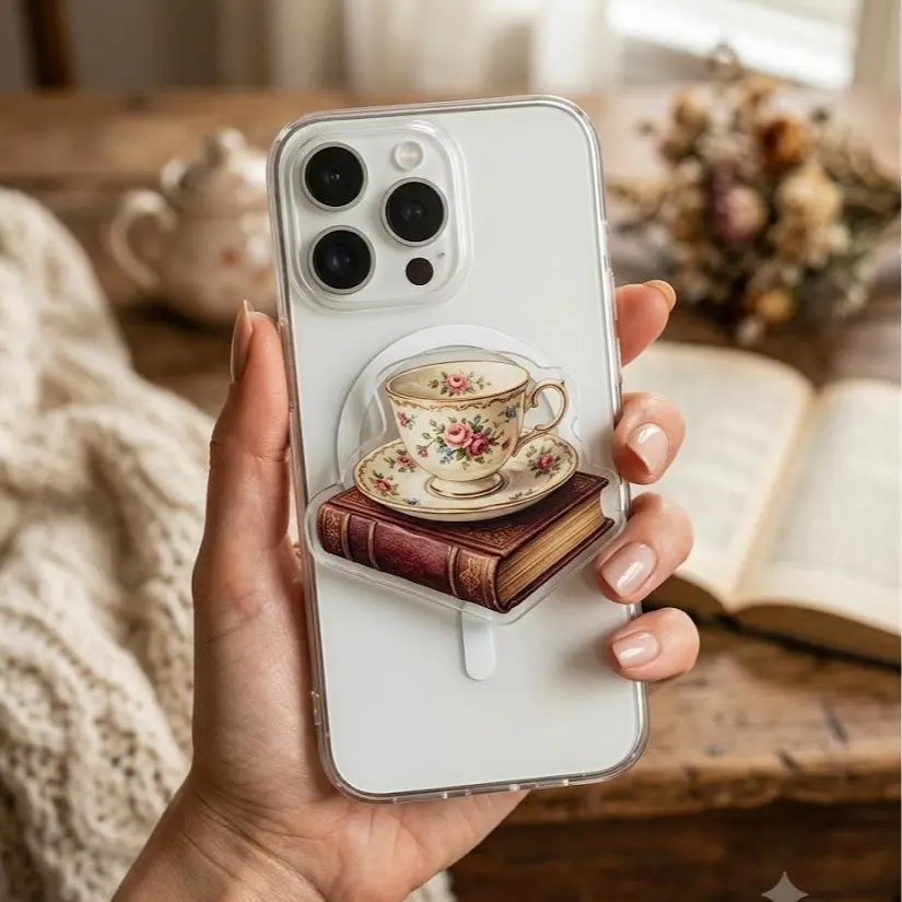 Girly Tea & Book MagSafe Phone Grip – Cute Magnetic Pop Socket for iPhone & Kindle – Desk & Reading Accessory