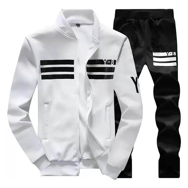 Men's Spring/Autumn Baseball Collar Sports Set - Striped Print Zip-Up Jacket & Straight-Leg Pants, Two-Piece Set