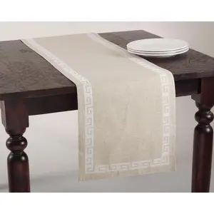 SARO  16 x 70 in. Calypso Rectangular Stitched Greek Key Design Table Runner - White