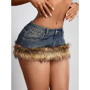 Spring Y2K Summer Mini Jean Skirt Fuzzy Short Bodycon Denim Skirts with PocketRAIMENTRY