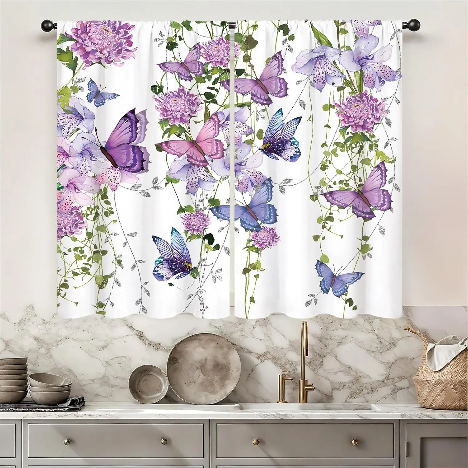 Vintage Rustic Botanical Print Purple Butterfly Rod Pocket Cafe Curtains, 2-Panel Durable Dustproof Farmhouse Lavender Lilac Spring Leaves Girly Drapes, 27.5x39in Small Short Window Treatment for Bathroom Kitchen