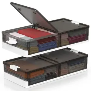 2Pack Foldable Under Bed Storage with Wheels Plastic Containers with Secure Buckles Stackable Rolling Bins for Shoes Clothes Books Toys