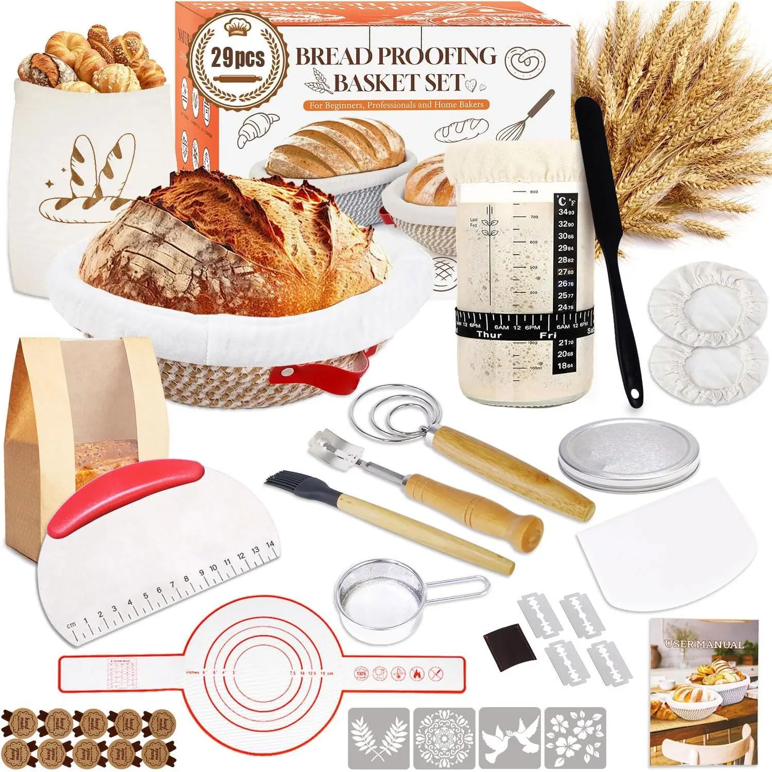 Sourdough Starter Kit, Sourdough Bread Baking Supplies,  Rope Banneton Bread Proofing Basket Set with Sourdough Starter Jar for Bread Making Baking, Sour Dough Kit Tools Gifts for Bakers Women