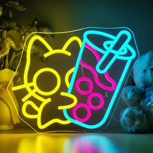 1pcs Cute Cat Neon Light with Bubble Tea, Colorful Dimmable LED Neon for Wall Decor, Decorative Wall Light, Perfect for Toy Store, Game Room, Home Decoration Gift