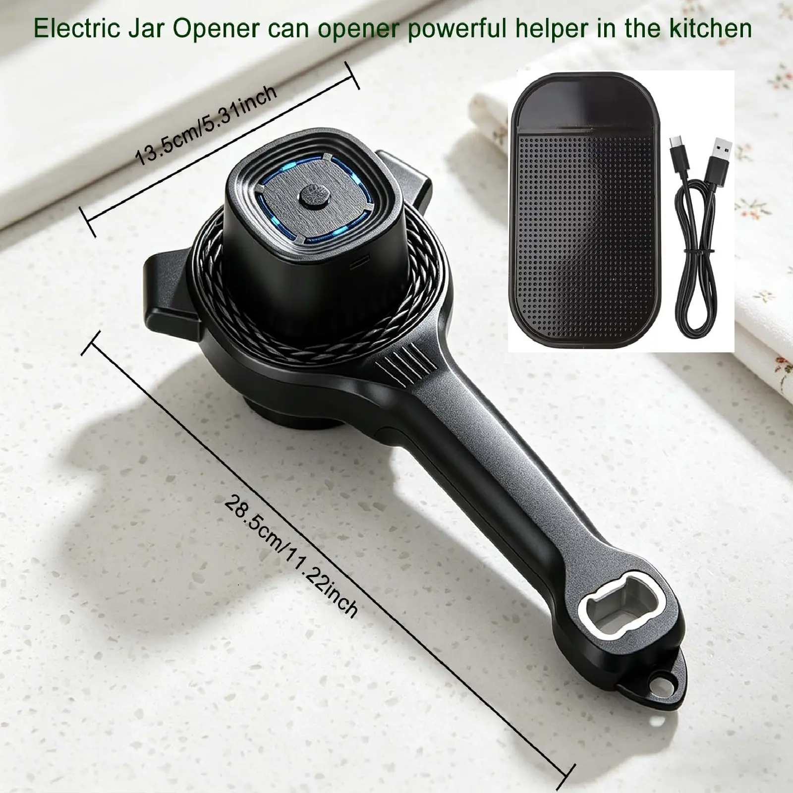 Automatic Electric Jar Opener with Power-Clamp Tech - 2-in-1 Compact Ergonomic Bottle & Can Opener, Hands-Free Rechargeable Kitchen Utensil for Elderly, Moms, Bonus Rubber Gripper Pad, Housewarming