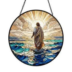 Light of Christ Stained Glass Suncatcher, Christian Window Hanging Art Panel, Colored Glass Light Catcher for Faith Home Decor, Religious Spiritual Display, Christmas Ornament Gift, Hangable Jesus Christian Art