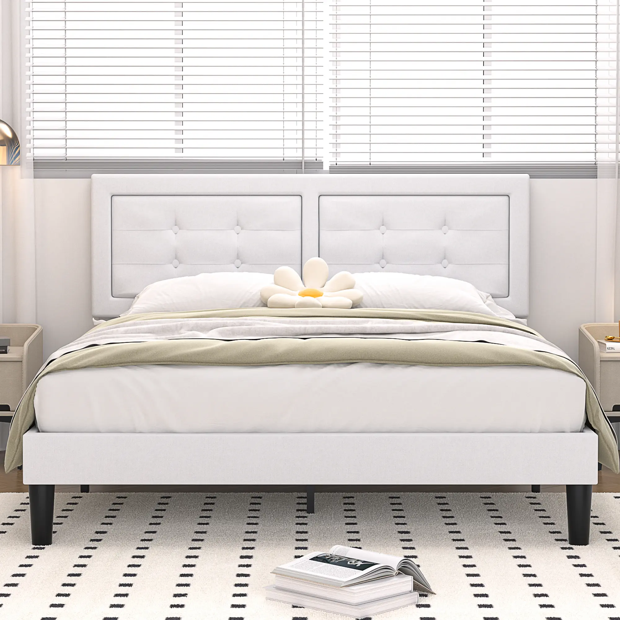 VECELO Upholstered Platform Bed Frame with Tufted Adjustable Headboard and Wooden Slats Support, Mattress Foundation,No Box Spring Needed,Easy Assembly Twin Full Queen Size