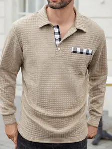 Men's Textured Waffle Knit Polo Shirt, Long Sleeve Plaid Contrast Front, Pocketed Breathable Slim Fit, Casual Golf Top