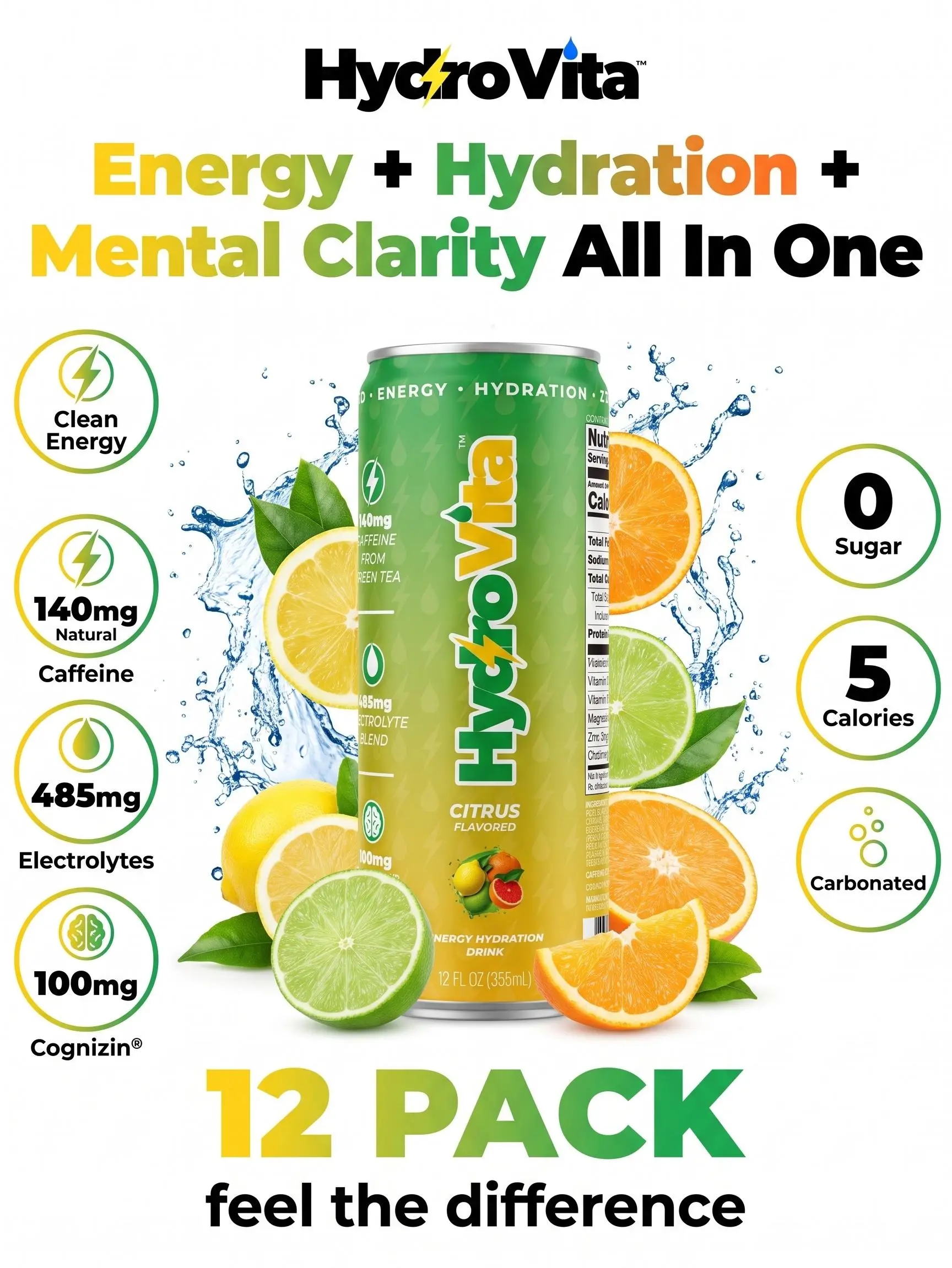 HydroVita Citrus 12 Pack, Zero Sugar Clean Energy Hydration Drink, Sport Drink, Energy Hydration & Mental Clarity in One, 140mg Natural Caffeine from Green Tea, 485mg Electrolytes, 100mg Cognizin, Carbonated Functional Beverage, No Crash, 12 oz Sleek Cans