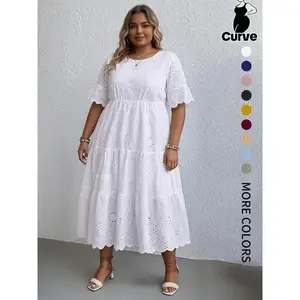 【Plus Size】 Plain Eyelet Embroidery Dress, Boho Fashion Round Neck Dress for Daily Holiday Vacation Wear, Women Plus Clothing for SummerGift