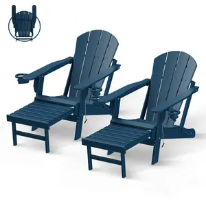 Folding Adirondack Chairs with Ottoman , Weather Resistant HDPE Patio Chair w/Cup Holders & Retractable Footrest for Poolside Lawn Fire Pit Deck Outdoor Porch Campfire