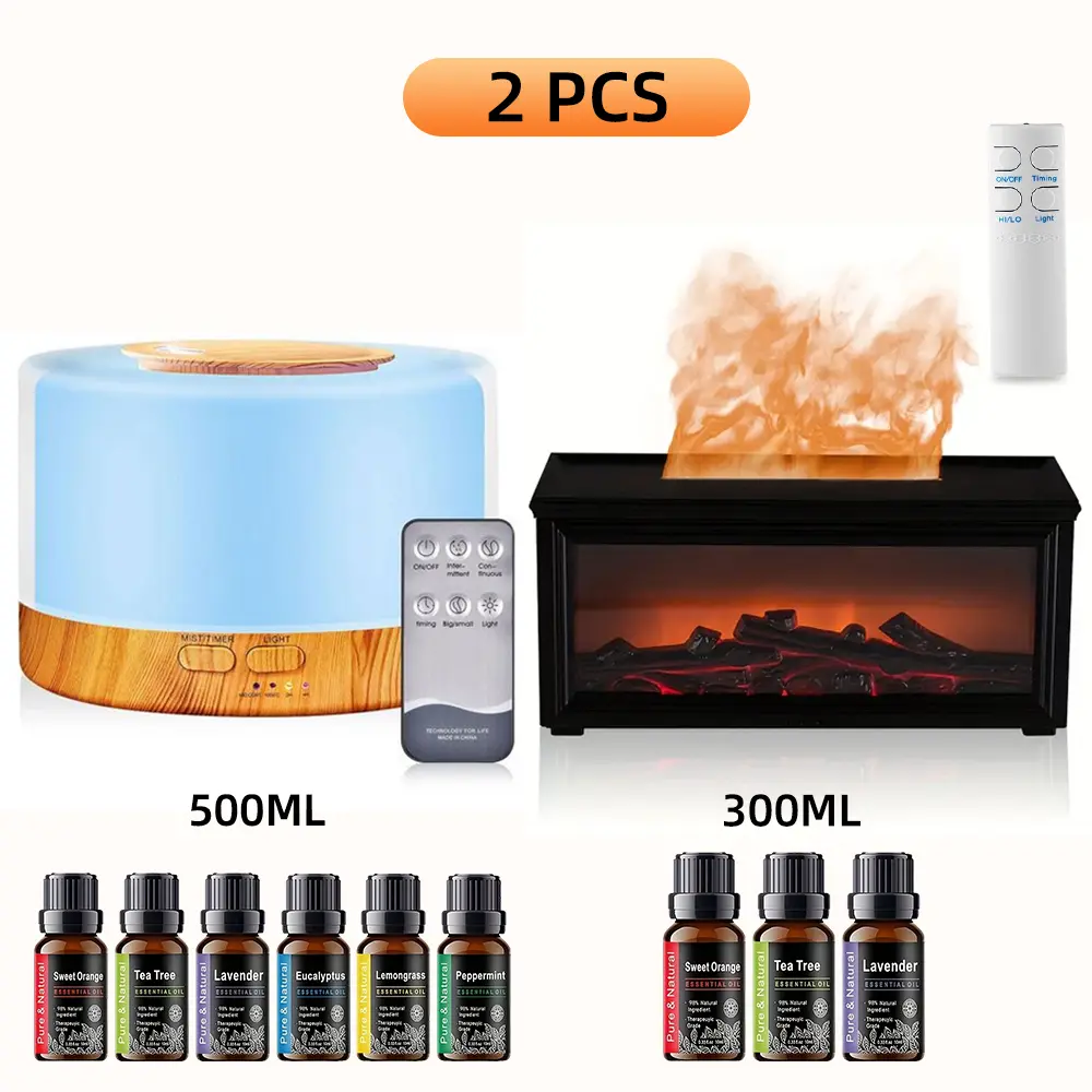 Dual Aromatherapy Diffuser Set - 2 Pcs, 2 Modes, 2*Power, 2*Remote Control, Timer Control, Soothing LED Lights, Quiet Operation for Home & Yoga Relaxation, 50% Humidity, 9*10Ml Essential Oil