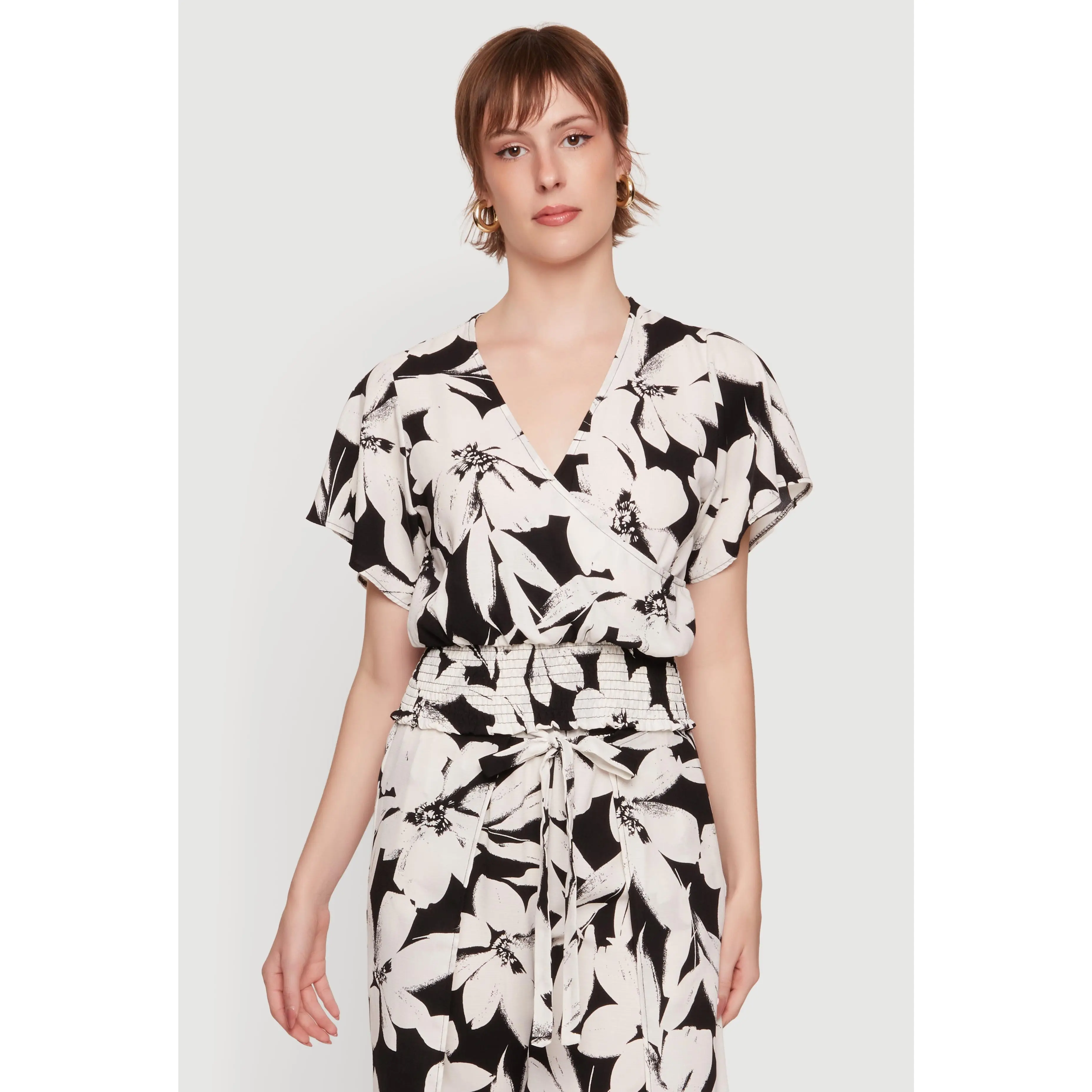 Floral Smocked Faux Wrap Blouse with Flutter Sleeves