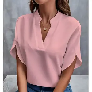 Women's solid color V-neck short sleeve shirt, casual versatile pullover top, European style #   SummerShirt #   OOTD #   CasualVibes #   FashionTop