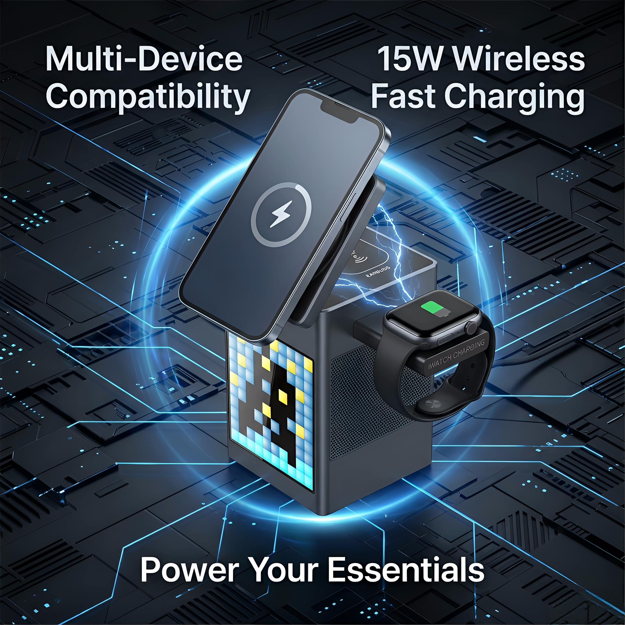 6-in-1 MagSafe-Compatible Magnetic Charger | with Clock & Pixel Display | Multi-Device Desktop Charging Station | Smart Travel Companion for March Madness, Spring Break, World Cup & Easter