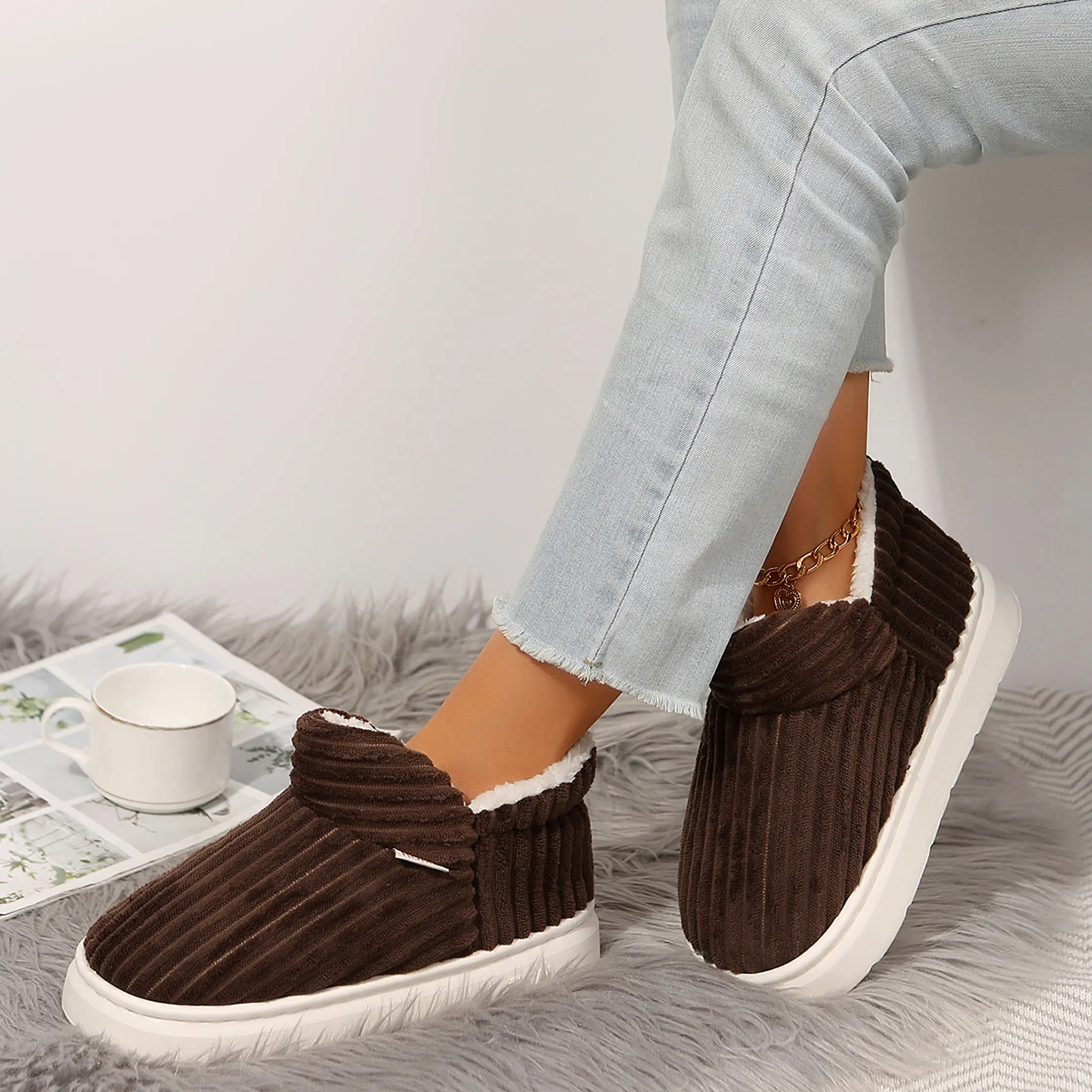 Women's Corduroy Fleece Slippers Suede Indoor Outdoor Shoes Warmers Winter Warm Mini Snow Boots