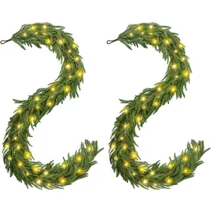 Pre-Lit Norfolk Pine Garlands with Real-Touch Dense Branches, 2-Pack 6ft Premium Indoor/Outdoor Christmas Decor for Mantle, Stairs