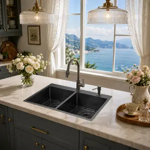 Logmey 33"x22"  Drop-in Double Bowl 50/50 Kitchen Sink Gunmetal Black 16 Gauge Stainless Steel Sink, Memorial day