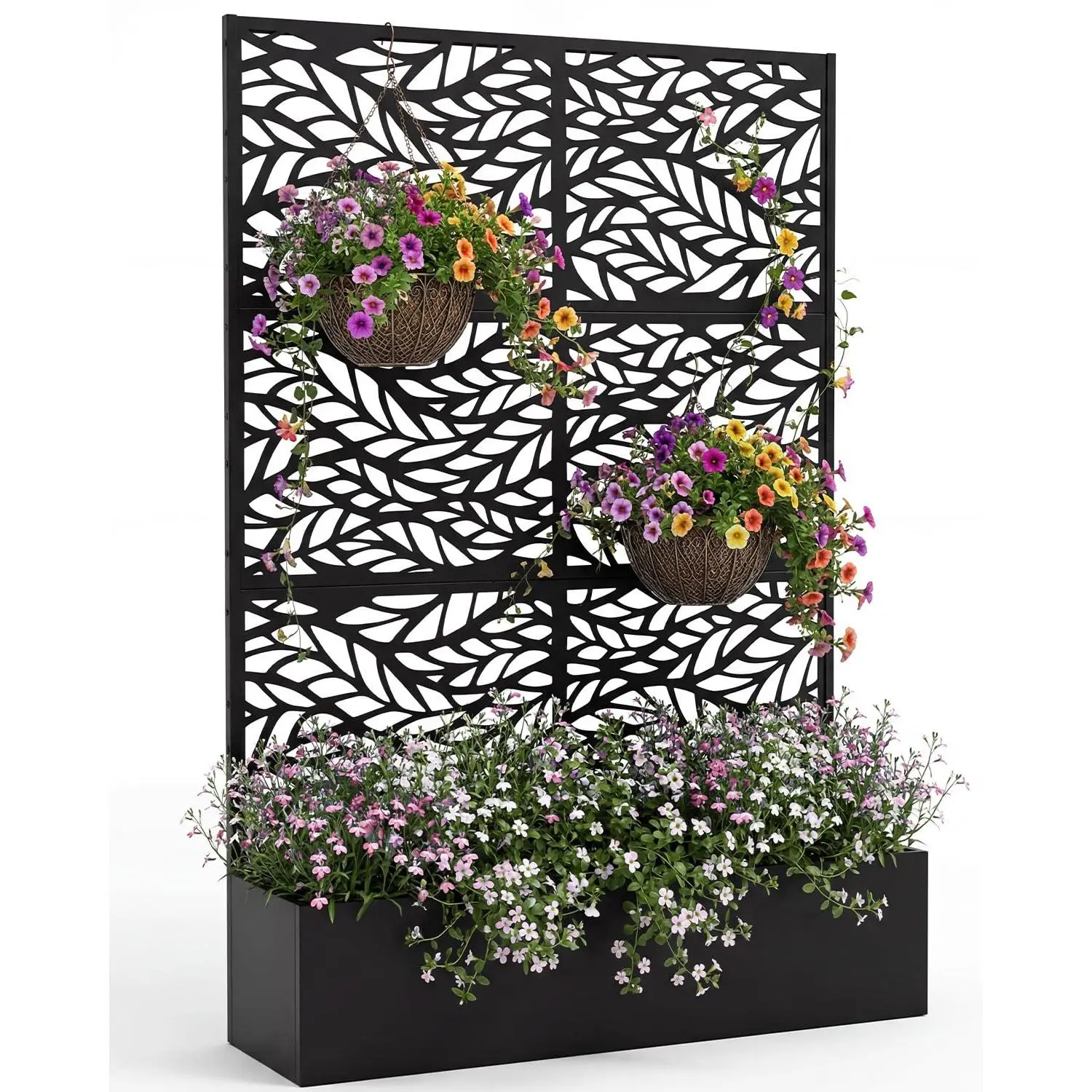 Rectangular Metal Planter Box with Trellis, 71"H x 44"W x 16"D Outdoor Raised Bed with Privacy Screen & Drainage Holes, All-Weather Outdoor Patio Planter for Climbing Plants, Vegetables