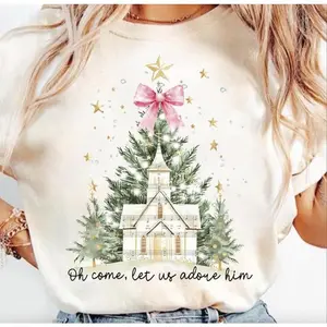 Oh Come Let Us Adore Him Sweatshirt Watercolor Christmas Tree Girly Jesus Coquette Bow Tree Shirt Christian Gifts 100% Cotton Unisex Cut