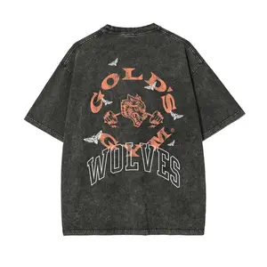Retro Washed "Gym Wolves" Workout T-Shirt, Double-Sided Print Unisex Streetwear Tee, Loose Fit Casual Short Sleeve for Men & Women