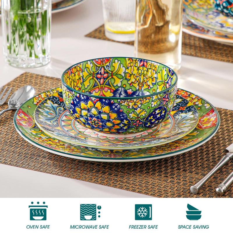 Cereal Bowls Set of 6, Bohemian Ceramic Soup Bowls, 28 oz Colorful Bowls Set for Kitchen, Dishwasher & Microwave Safe for Salad, Pasta, Rice, Oatmeal, Fruit