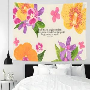 Christian Tapestry with Bible Verse - Matthew 6:33 Floral Orchid Wall Hanging, Floral Designs, Religious Inspirational Wall Decor for Bedroom, Living Room, Prayer Room, Decoration, Gift