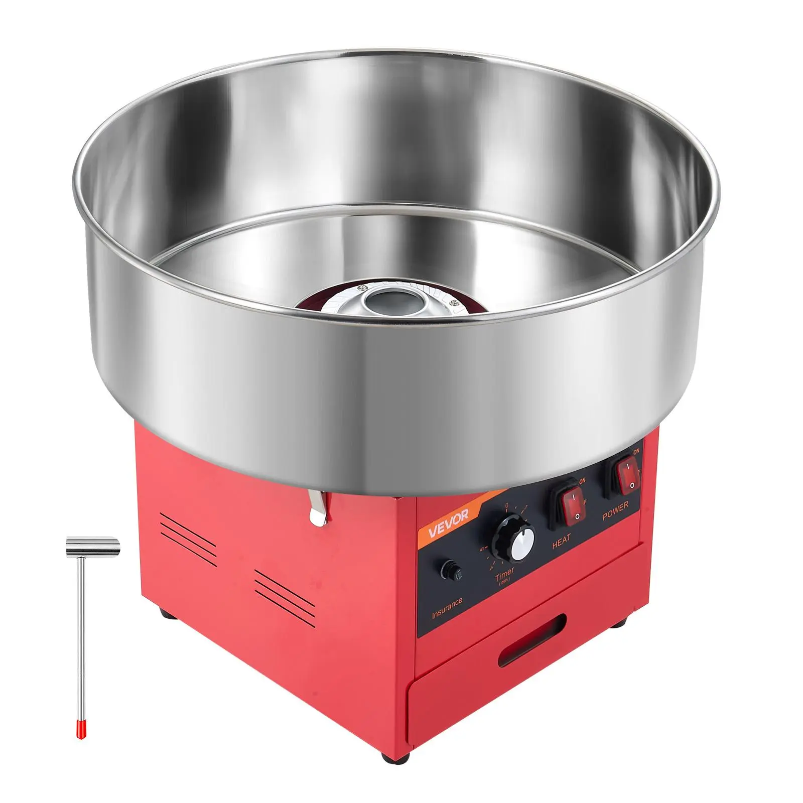 VEVOR Cotton Candy Machine Commercial 1000W Electric Candy Floss Maker Red, Ideal for Home, Carnival, Birthday, Family Party, Easy Use with 20.5 in Stainless Steel Bowl, Storage Drawer, Sugar Scoop