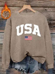 USA flag USA print women's casual and fashionable round neck Long Sleeve faux sweater top, women's round neck faux sweater top, USA print comfortable round neck faux sweater top, suitable for autumn and winter season