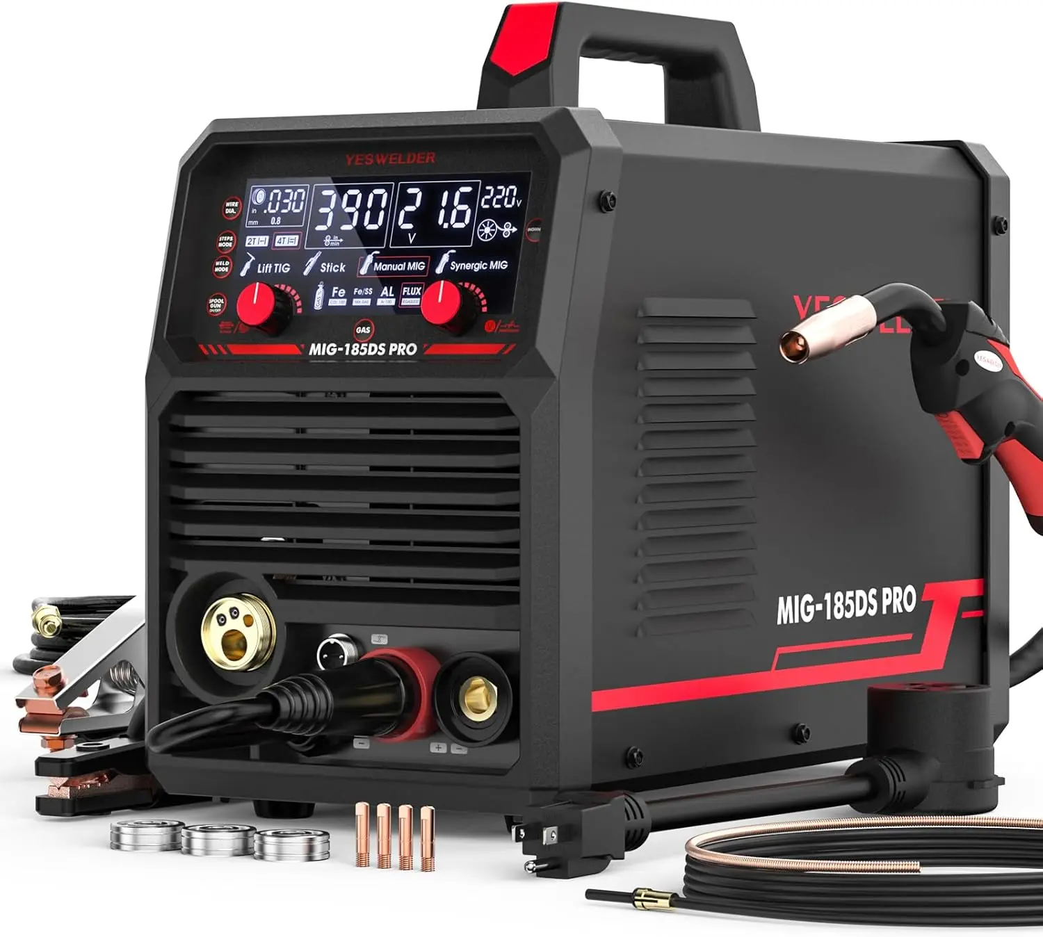 YESWELDER MIG-185DS-PRO MIG Welder, 110V/220V Flux Core/Gas MIG/Spool Gun MIG/Lift TIG/Stick | synergic control, digital display, faster parameter setup, aluminum weldable, automotive repair, DIY jobs, metalworking