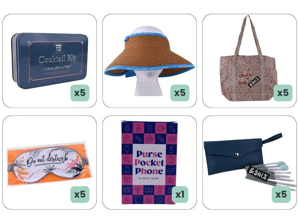 Girls Trip Gift Bundle for 5 - Cocktail Kits, Sun Hats, Gift Bags, Eye Masks, Makeup Brushes & Game