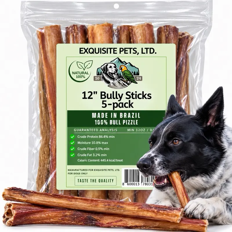 Exquisite Pets 5-Pack of 12" Bully Sticks 100% Brazilian Bull Pizzle Thick Odorless Long Lasting No Grains or Rawhide Helps Relive Pet Boredom All-Natural Dog Treats Aggressive Chewers