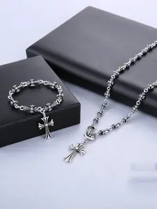 2-Piece Set of Cross and Vintage Punk Style Necklaces, Unisex Fashion Geometric Stainless Steel Jewelry for Couples, Perfect for All Seasons
